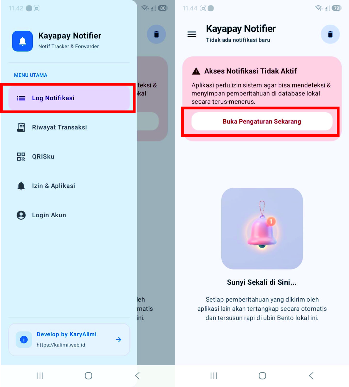 Langkah 5 — Buka Log Notifikasi & lanjut ke pengaturan